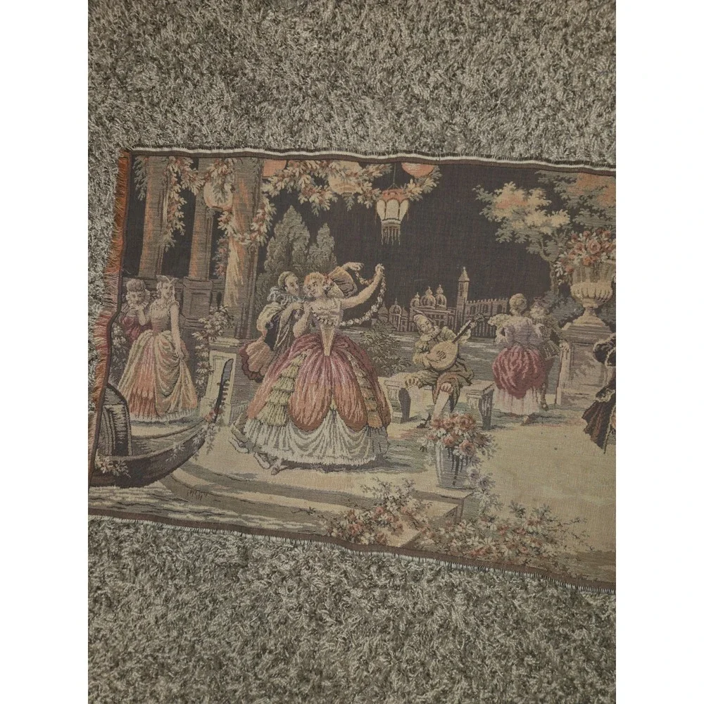 Vintage Belgian Jacquard Wall Tapestry Venetian Masquerade Scene 53x18